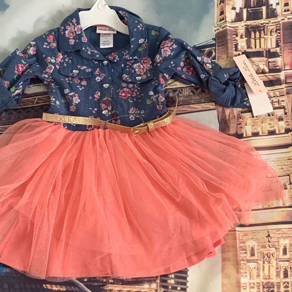 A cute Denim Lace dress with a beautiful gold belt